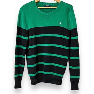 Polo Ralph Lauren Green Black Striped Knit Sweater Womens XL Embroidered Pony